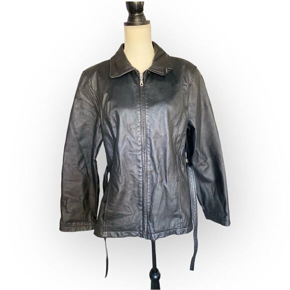 💛 Jacqueline Ferrar Leather Jacket w Waist Tie Button Up Woman’s Size L Black - Picture 2 of 7